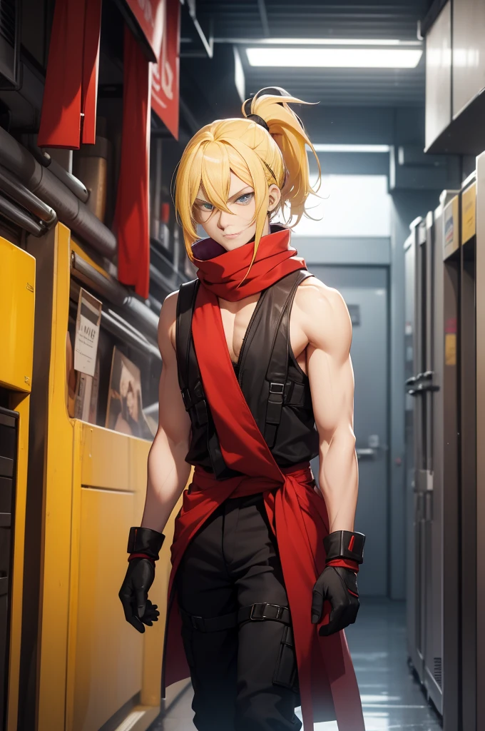 (26 years old), (male), Yellow hair, (Blue eyes), (Tied back ponytail, bang), red scarf, red vest, sleeveless, black pants, black gloves, slim, up to legs