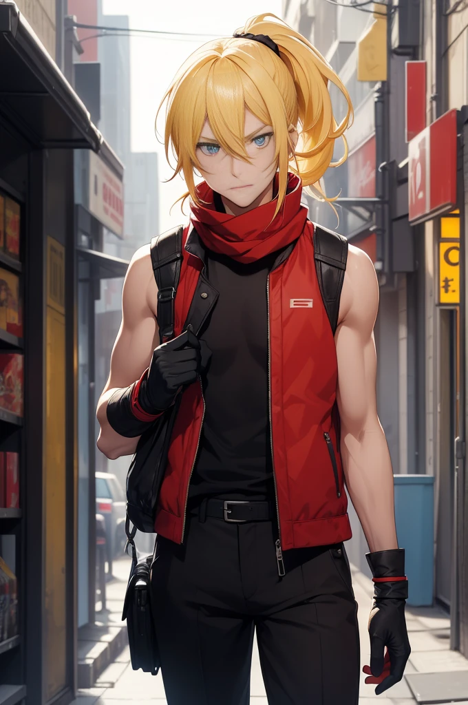 (26 years old), (male), Yellow hair, (Blue eyes), (Tied back ponytail, bang), red scarf, red vest, sleeveless, black pants, black gloves, slim, up to legs