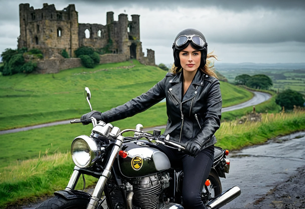 (Ride a classic motorcycle )、(Vintage Bikes、norton)、Isle of Man Races、(Souvenir photo of beautiful female rider)、(Black Leather Jacket)、Cromwell helmet with goggles、After the Rain、English countryside、The ruins of an old castle can be seen in the distance、 Detailed Description、(Highest quality, masterpiece, High resolution)、8k、wallpaper