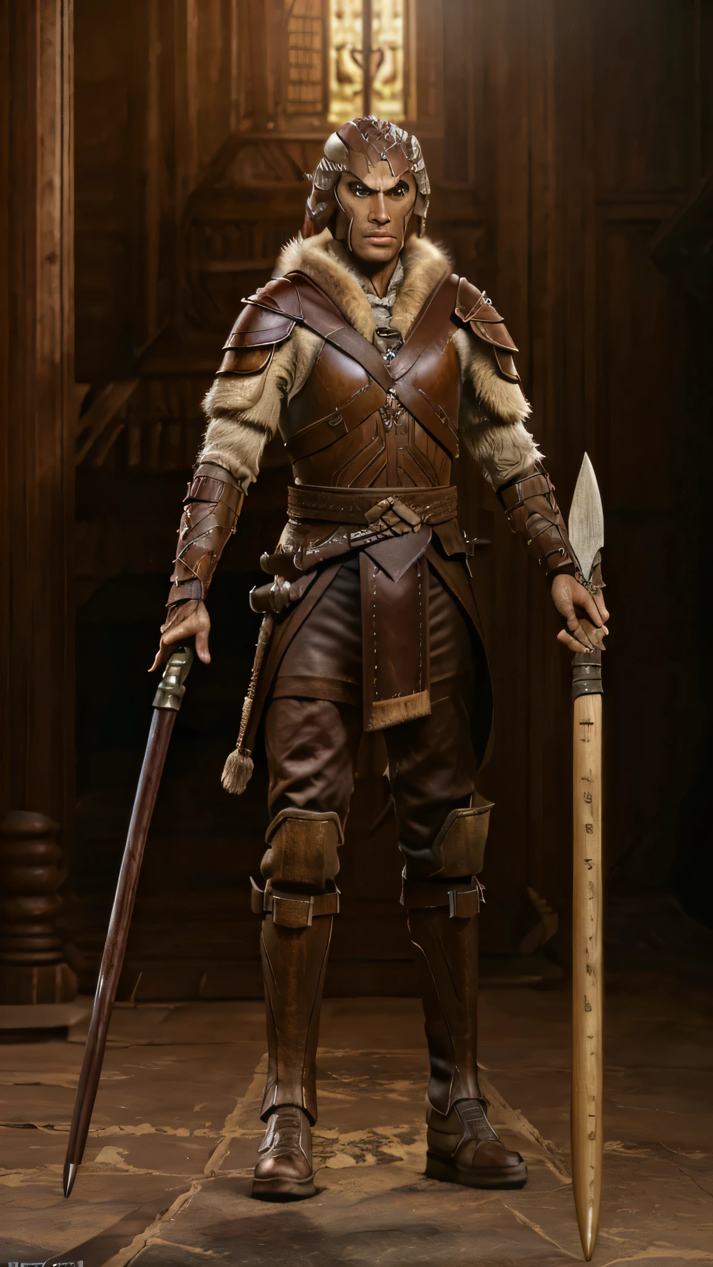 male, warrior, pale brown skin, (wooden staff), brown armor, fur, maroon guantlets, boots, (masterpiece, best quality), (hyper realistic:1.6), ((detailed face)), ((award-winning)), (sharp), (8k resolution), (cinematic lighting)