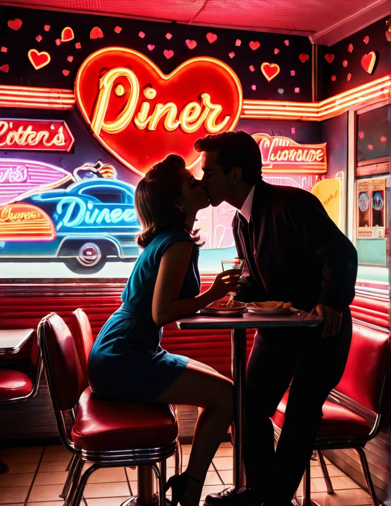 A retro neon art piece featuring the silhouette of a couple kissing at a diner, with neon signs and heart shapes in the background, evoking a nostalgic 1950s vibe