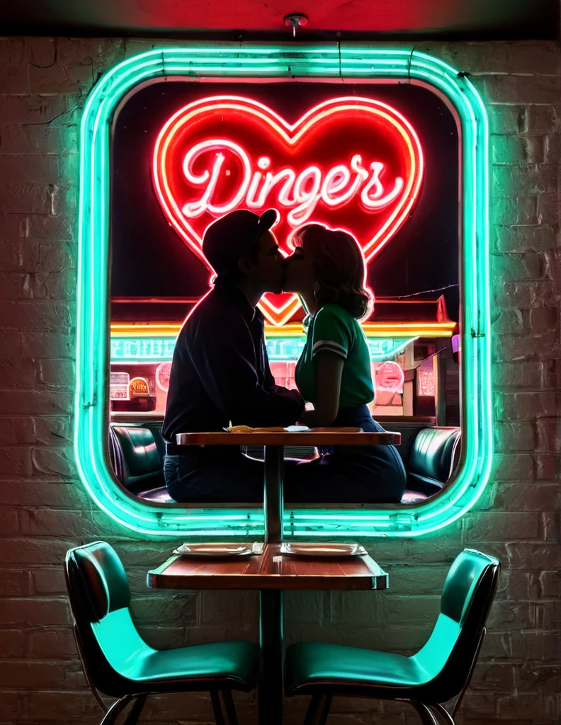 A retro neon art piece featuring the silhouette of a couple kissing at a diner, with neon signs and heart shapes in the background, evoking a nostalgic 1950s vibe