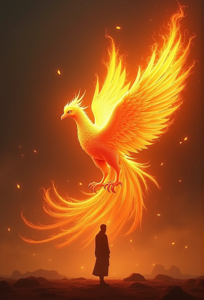 (Birds of God),(Fire Fenix),(Fire outlined the phoenix's body),Phoenix flapping its wings,(Shining with golden light),standing alone,natta,Multiple silhouettes,Elevation angle of a person,super detailing,best qualityer,tabletop,(8k),extremely detaild,Magnificent work of art