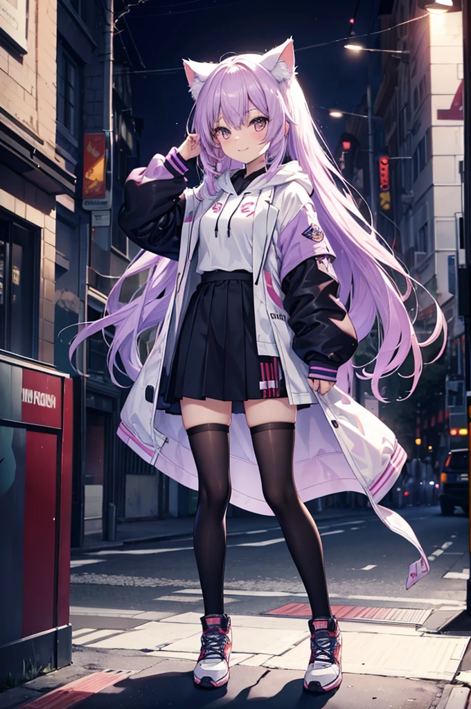 Full body portrait，cute，girl，No breasts，Light purple hair，Orange Eyes，Cat ear，Around 16 years old，White hoodie outfit，Mouth open，smile，Moe sleeves，