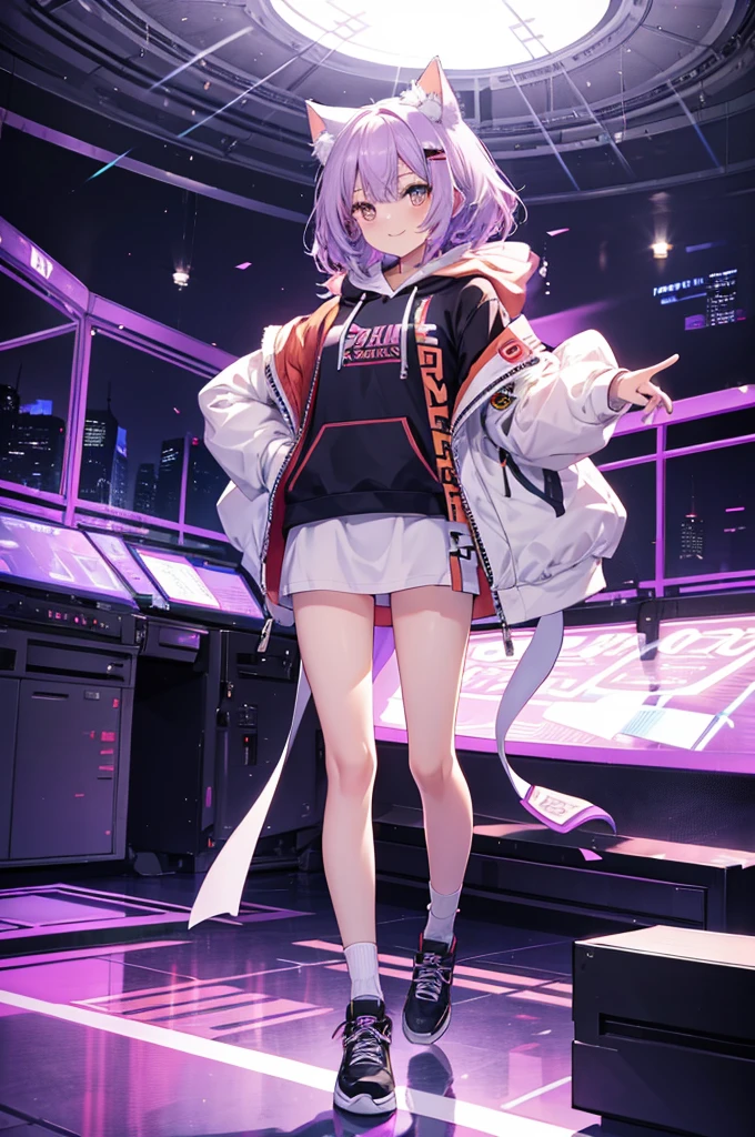 Full body portrait,cute,girl,No breasts,Light purple hair,Orange Eyes,Cat ear,Around ,White hoodie outfit,Mouth open,smile,Moe sleeves,