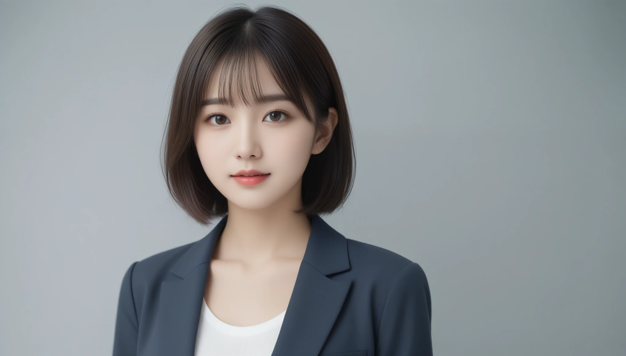 8k, Ultra-high resolution, Highest quality, masterpiece, 三分割法によるphotograph,Surreal, photograph, 1 Girl, (16 years old:1.3), pretty girl, Cute Face, 細部までBeautiful Eyes, 細かくdetailedに,masterpiece,One Girl:1.2,Japanese women,Young Wife,upper body,smile,Black hair,Bowl cut, Blazer uniform,(Beautiful attention to detail),Subtle details, detailedな顔, smile,Attractive girl,(女の子のポートレートphotograph:1.4),(Photorealistic images:1.4),Fantasy art,Gray background,(Beautiful Face:1.4),Beautiful and attractive eyes、Beautiful Eyes、(Tight waist:1.4)、(Beautiful girl with perfect body proportions:1.4),Pink Lips,Looking at the audience,(((Ideal body type))),A-cup small breasts :2,、Portraiture:2、Perfect Anatomy、鮮明なdetailed、detailed,Fashion magazine cover,Thin lips,完璧でBeautiful Face ,完璧でCute Face, Skin with attention to detail, Perfect limbs、Narrow waist,Surreal,Light and shadow,stage lights