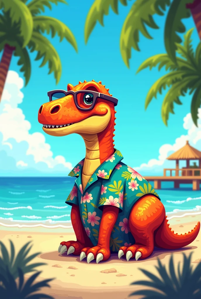 Dinosaur with a Hawaiian shirt on the beach and glasses and the whole graphic is pixelated and does not have many details
 

