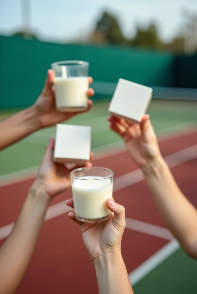 Tennis court background,Several people hold square boxes of milk and raise their glasses together,Photography