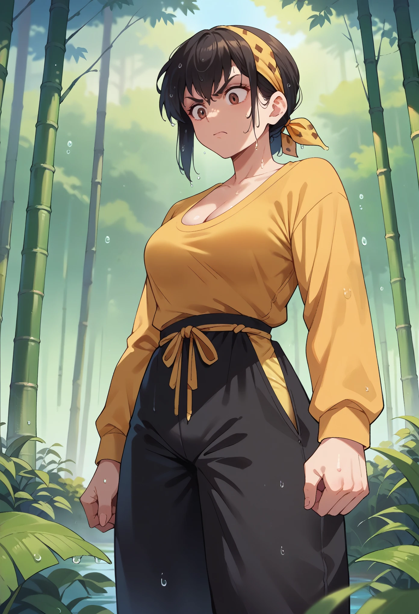 score_9, score_8_up, score_7_up, 1girl, solo, female focus, medium breasts, Ryouga Hibiki, black hair,(medium hair), bangs, brown eyes, yellow bandana, yellow shirt, long sleeves, cleavage, black pants, baggy pants, upset, wet, looking down, chinese forest, bamboo