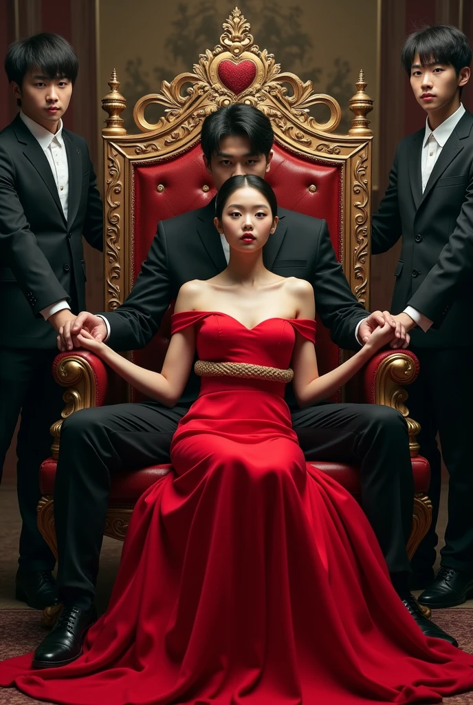 A man handsome tall white young sits on the royal bench and a girl beauty in red dress sits on the lap with horizontal position, 4 other men tall handsome Korean look, look at the girl stand around the royal bench with There is a rope around the girl neck And all men hold the end of the rope