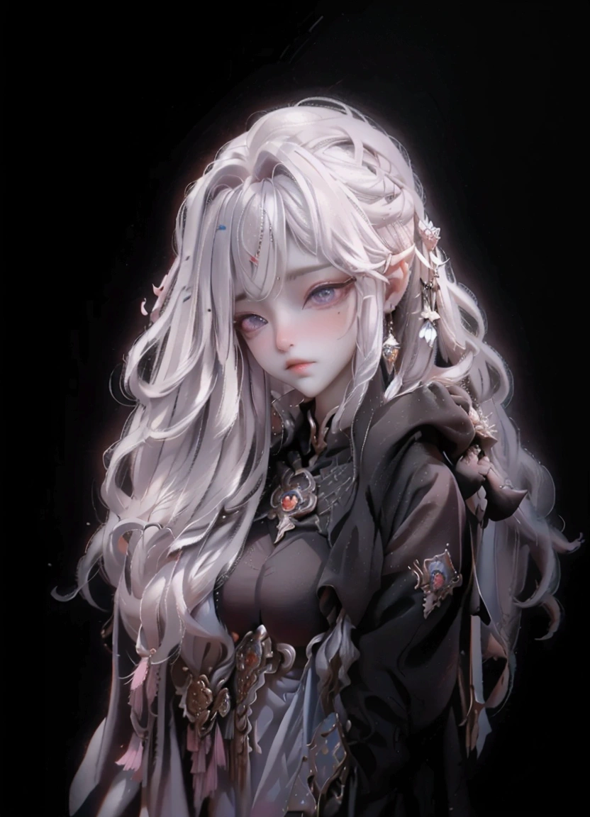 Gender: Female Face: Small face, heart-shaped lips, Soft lips, dimples, arched eyebrows, pure white skin, soft features, snub nose, heart shaped face, long eyelashes, soft hue of eyeshadow, thin chin
Eyes: light gray eyes, Hooded eyes, sleepy eyes, dilated pupils, long eyelashes
Hair: long Wavy hair, dark gray hair, strands of light gray highlights
Features: Resting bitch face, cold, looking like a fairy
Race: white
Age: 22
