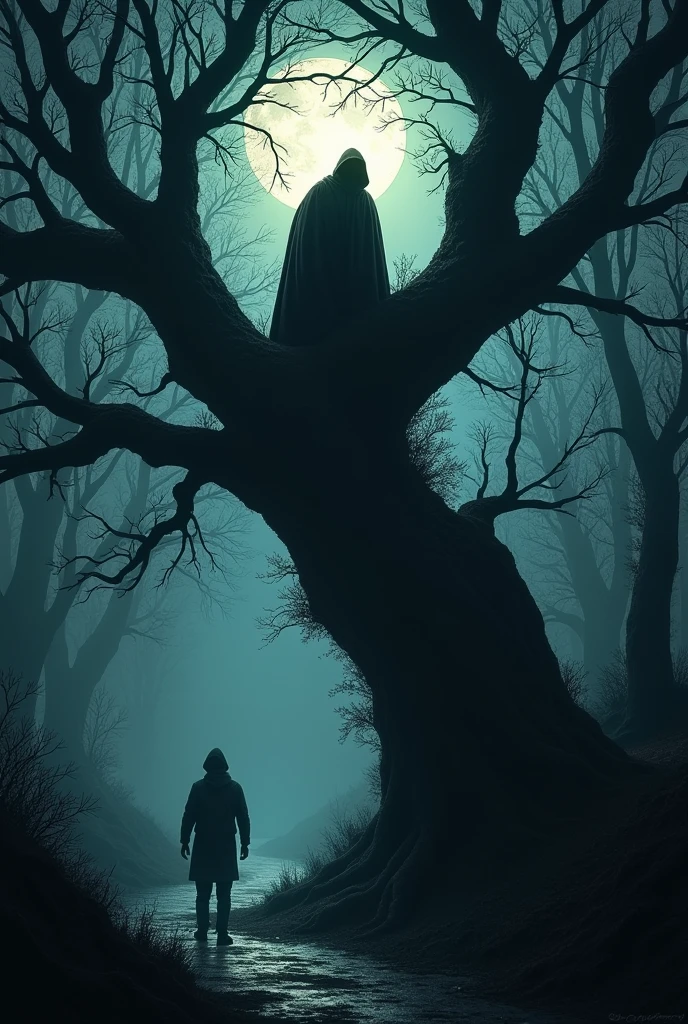 A man in a tree scaring a person passing by in the dark