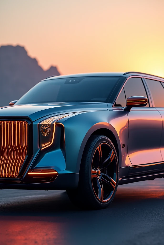 SUV  GRANDE  DE LUJO PREMIUM  de color  💚 CELESTE Lima   LUMÍNICO MEZCLADO  CON UNA LIGERA COBRIZA  ATARDECIDA  ESPEJO VINO CON LOGO TIPO DE UN LEON DORADO  Y  EL  FRENTE  DE  LA  Rejilla  futurista  parecida a una jaula satinada  una   CON LUCES Iguales a. An edge that is lost in the visual situation of a full-image vehicle on the road 