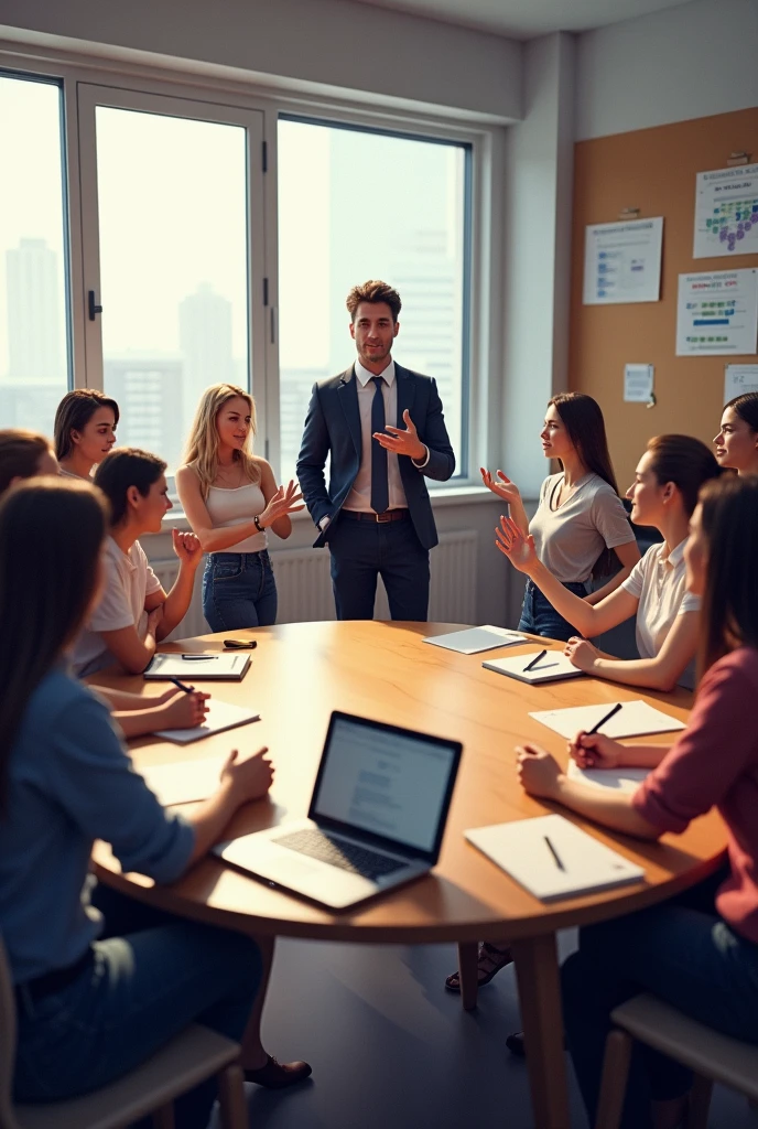 create image of 3 male students and 11 female students all sitting at round table and a male professor standing giving the first journalism class