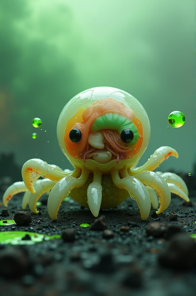 Une Créature Minuscule Arachnoide et Céphalopode TransLucide Kawaï, avec les Organes Coloré et Apparent Qui Ce Fait Eclater la Cervelle par une Balle. Le Sang Vert . Sol granuleux noir Rouillé. Ciel Vert Maussade Gaz Fumée. Scène D'Invasion.