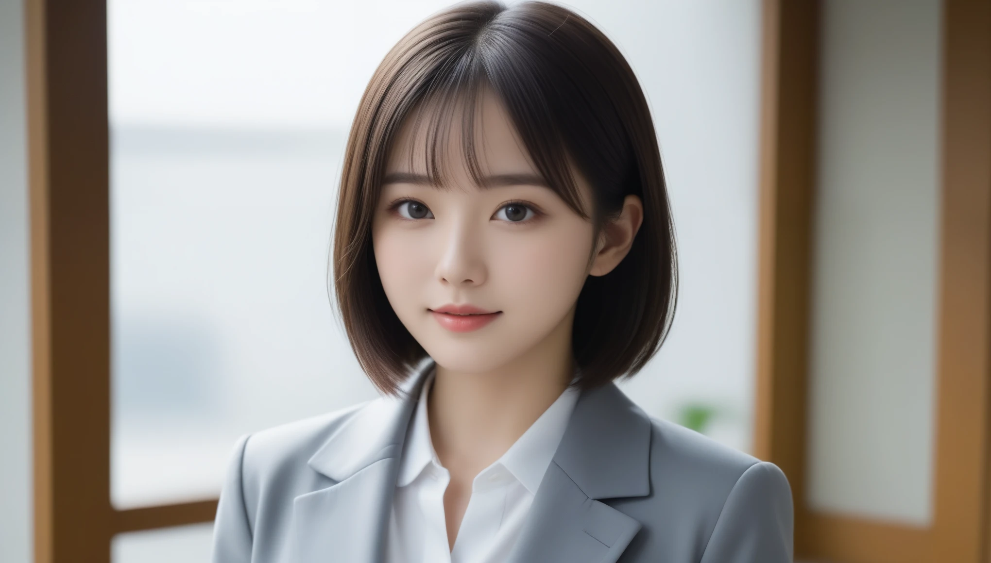 8k, Ultra-high resolution, Highest quality, masterpiece, 三分割法によるphotograph,Surreal, photograph, 1 Girl, (:1.3), pretty girl, Cute Face, 細部までBeautiful Eyes, 細かくdetailedに,masterpiece,One Girl:1.2,Japanese women,Young Wife,upper body,smile,Black hair,Bowl cut, Blazer uniform,(Beautiful attention to detail),Subtle details, detailedな顔, smile,Attractive girl,(女の子のポートレートphgraph:1.4),(Photorealistic images:1.4),Fantasy art,Gray background,(Beautiful Face:1.4),Beautiful and attractive eyes、Beautiful Eyes、(Tight waist:1.4)、(Beautiful girl with perfect body proportions:1.4),Pink Lips,Looking at the audience,(((Ideal body type))),A-cup small breasts :2,、Portraiture:2、Perfect Anatomy、鮮明なdetailed、detailed,Fashion magazine cover,Thin lips,完璧でBeautiful Face ,完璧でCute Face, Skin with attention to detail, Perfect limbs、Narrow waist,Surreal,Light and shadow,stage lights