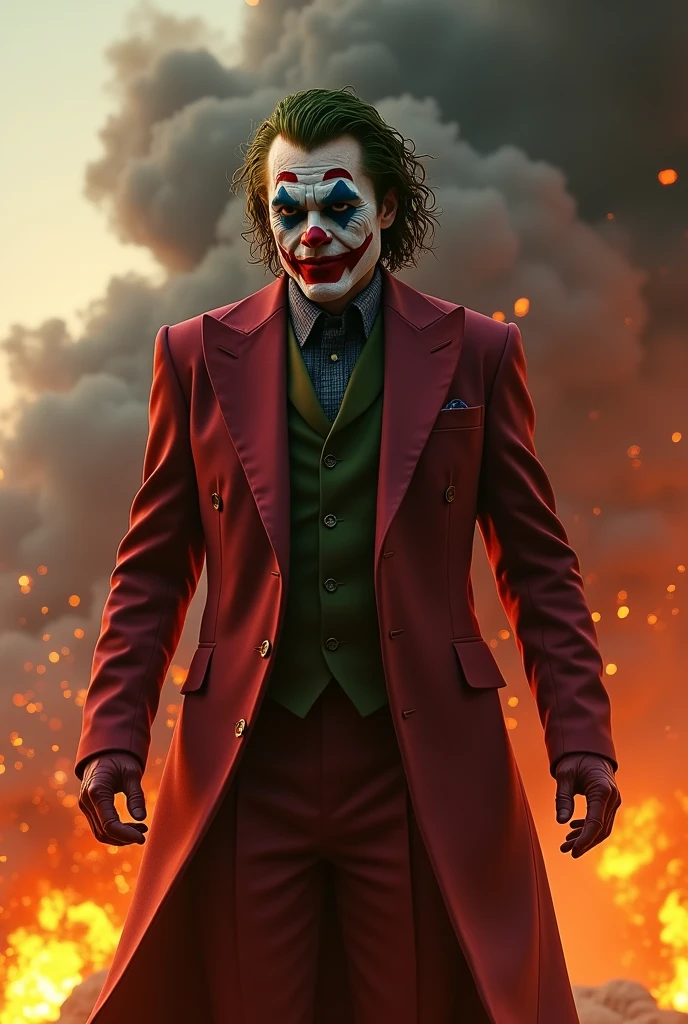Joker form DC series, full body, action scenes, flame, explosion, smoke, destroy, formal suit, extremely-detailed CG unity 8K wallpaper, Villains, masterpiece, cinematic, film grain，((("STRONG!" title)))