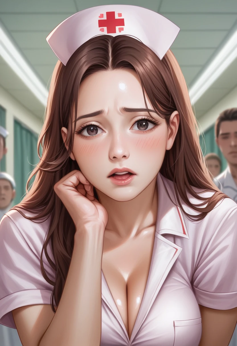 (masterpiece: 1.3、Highest quality、Ultra-high resolution、Very detailed)、(Real、Photorealistic)、raw、Beautiful illustrations、Perfect lighting、Natural light、Depth of the Boundary、Beautifully detailed hair、Beautifully detailed face、Beautiful details、、(Perfect Anatomy、Anatomically correct)、Cute and symmetrical face、Baby Face、Perfect Face、Shiny skin、Long eyelashes、One Woman, nurse's uniform,Nurse cap, Are standing, (I put my hands on my knees), hospital, ((In the crowd)), (Dressed), Black medium-long hair, (close your eyes), Open your mouth, (((shy))), ((Embarrassing)), Frowning,Large Breasts, Glamour body, Chest Focus Star Piece, Highest quality:1.4), (8k, RAW Photos, Photo Real:1.2), Shiny skin, Detailed skin, Detailed face, Fine grain,