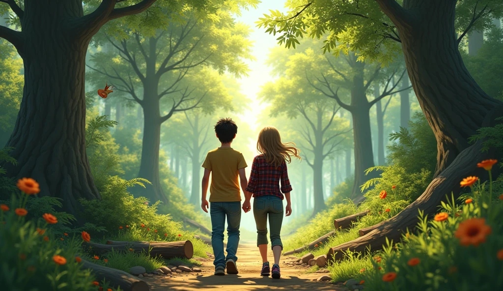 Create an image of two friends in a dense forest.