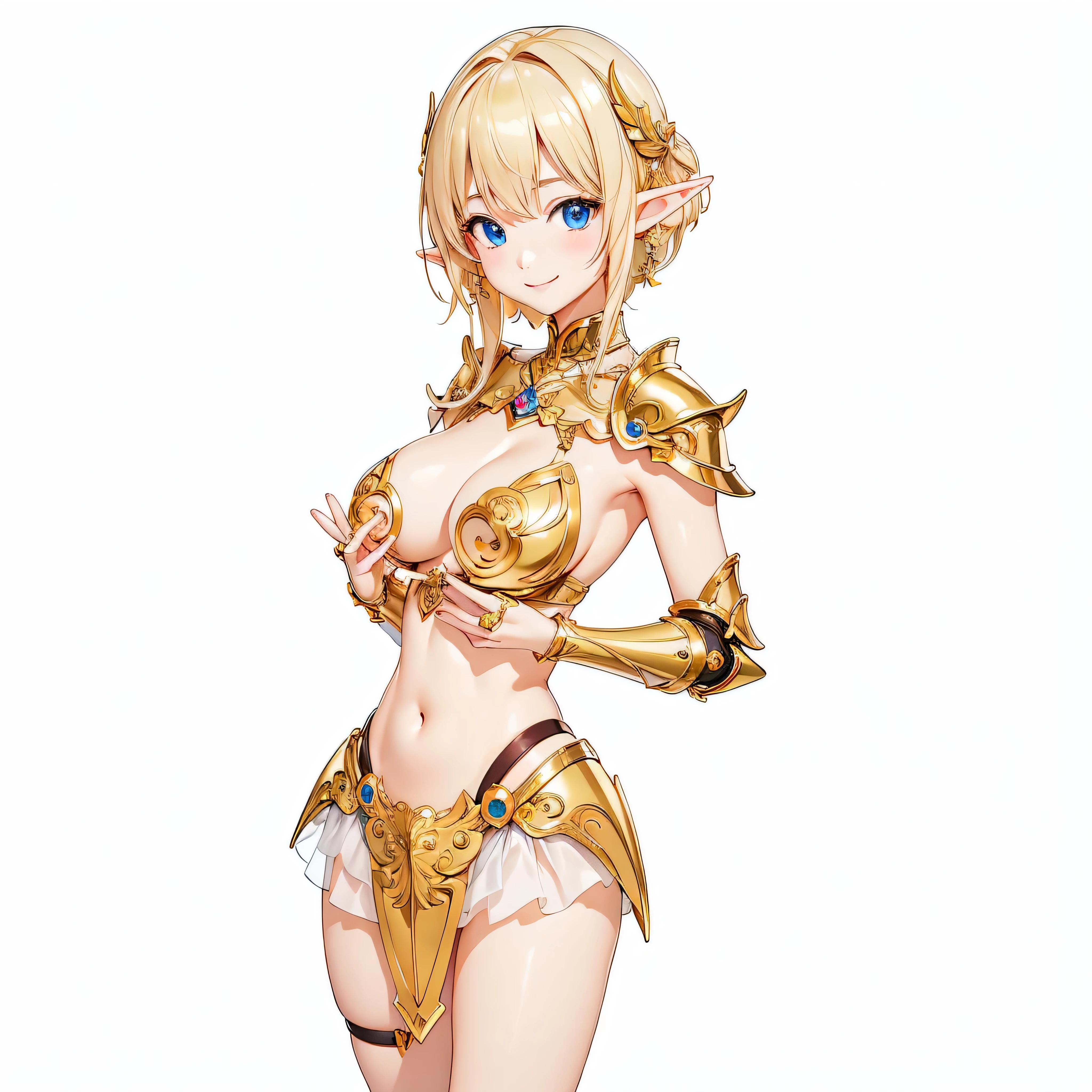 Highest quality、Very detailed、High resolution、16k、Thin contours、耳の長いElf、Nipples are visible、Shining golden armor、Gold bikini armor、Very large breasts、Very large breasts、Very transparent white skirt、chest proportion、Smile of the Goddess、Elfの女の子、Very white skin、Beautiful fingers、Perfect Style、Elf、No bra、Blonde hair and blue eyes、Cool smile