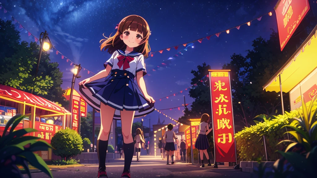 {Of the highest quality], [Super beautiful], [Ultra Fine], [best illustration], NSFW,Brown hair, hime cut, by the width, with bangs, Girl,high school student,uniform,tissue,short sleeve,Skirt,smile, blush, Thin women, adult women,standing posture,(public),night park,summer festival,diagonal, Navy Blue Knee High Socks,black bread