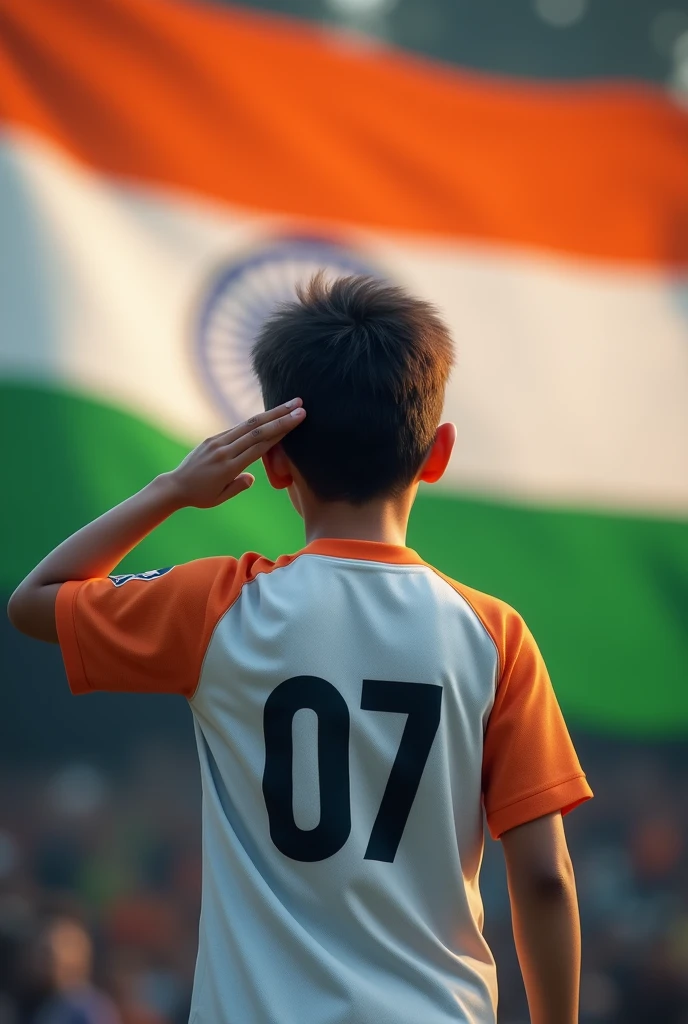 (photorealism:1.2),
Make a photo in which a boy is saluting facing the tricolor and his jersey number will be along with it, the name of the jersey will vaish and the tricolor will be in front, in the background it will be vaish and the tricolor will be there Jersey in independent Dey printed and Jersey number 07