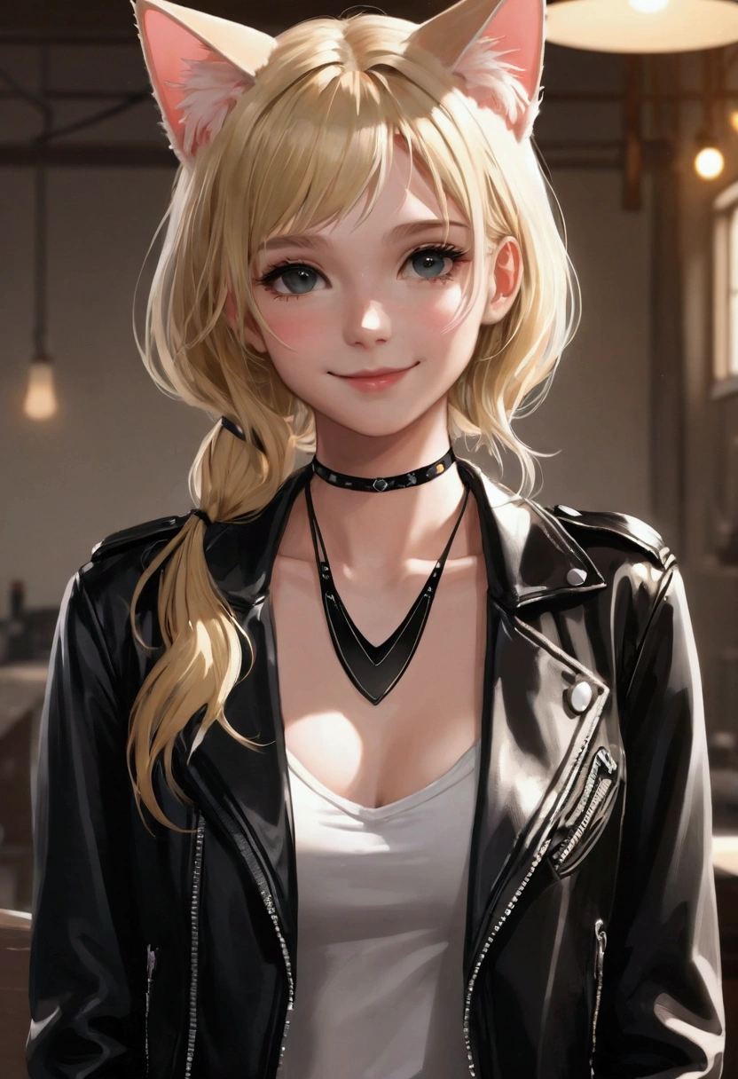  masterpiece, (best quality:1.2), (Clear focus:1.2),, 1 girl, Slim girl,, (Blonde|Light_hair), Cat ears,, young|Cute face, blush, Smile,, natural breast, Thin arms,, Black tight leather jacket, Black necklace,, indoor