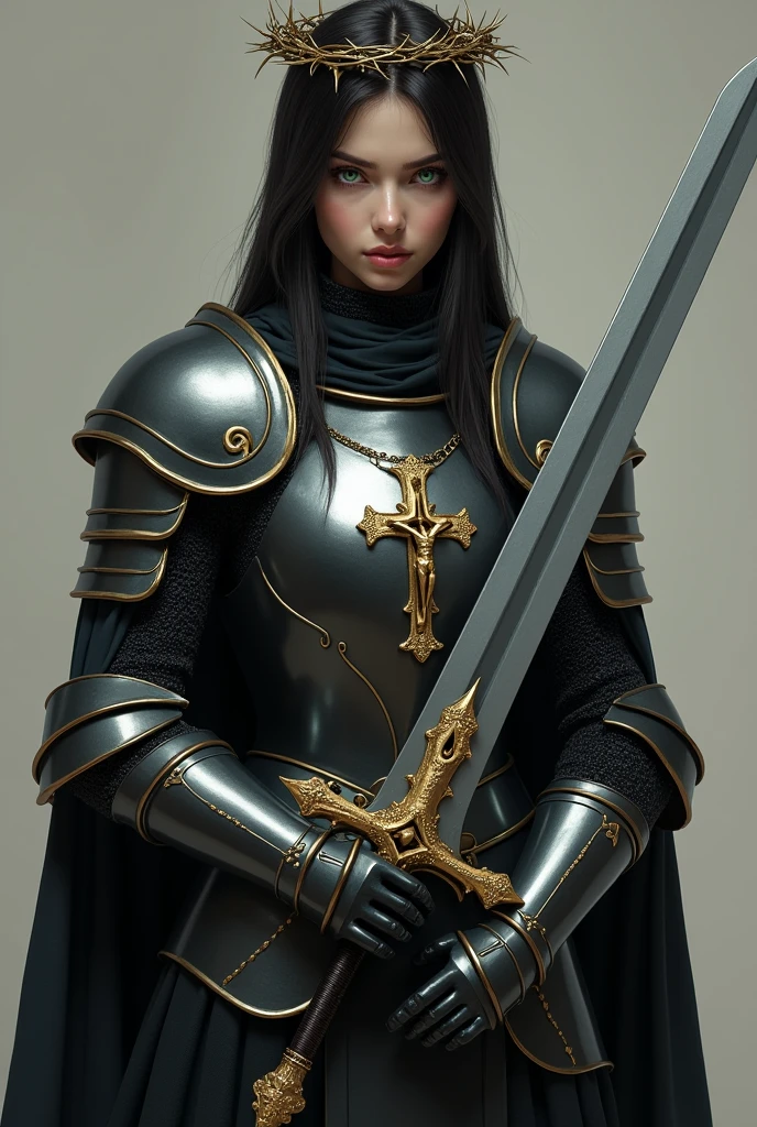 A woman in black knight's armor with a silver broadsword with religious designs, A gold crucifix hangs from his neck., His skin is clear, Her hair is medium and straight and her eyes are green and she wears a crown of thorns.