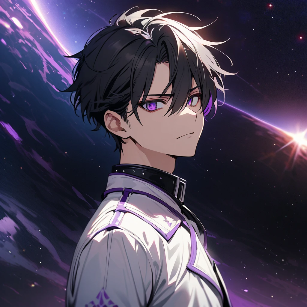 High quality, HD, 4k, no shadows, handsome male, handsome, 1male, 17 years old, teenager, jet black hair, short black hair, dark hair, black hair, jet black hair, sharp eyes, deep purple colored eyes, dark purple colored eyes, deep purple eyes, purple eyes, devil may cry, close up, calm expression, stoic expression, black leather clothes, white leather clothing, lean body, well trained body, upper body, looking at viewer, cowboy shot, white solar, space background