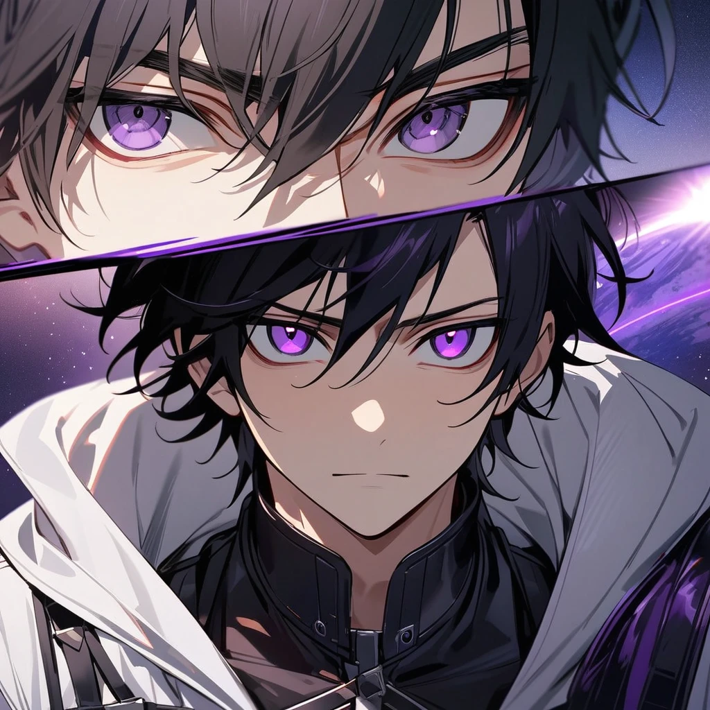 High quality, HD, 4k, no shadows, handsome male, handsome, 1male, 17 years old, teenager, jet black hair, short black hair, dark hair, black hair, jet black hair, sharp eyes, deep purple colored eyes, dark purple colored eyes, deep purple eyes, purple eyes, devil may cry, close up, calm expression, stoic expression, black leather clothes, white leather clothing, lean body, well trained body, upper body, looking at viewer, cowboy shot, white solar, space background