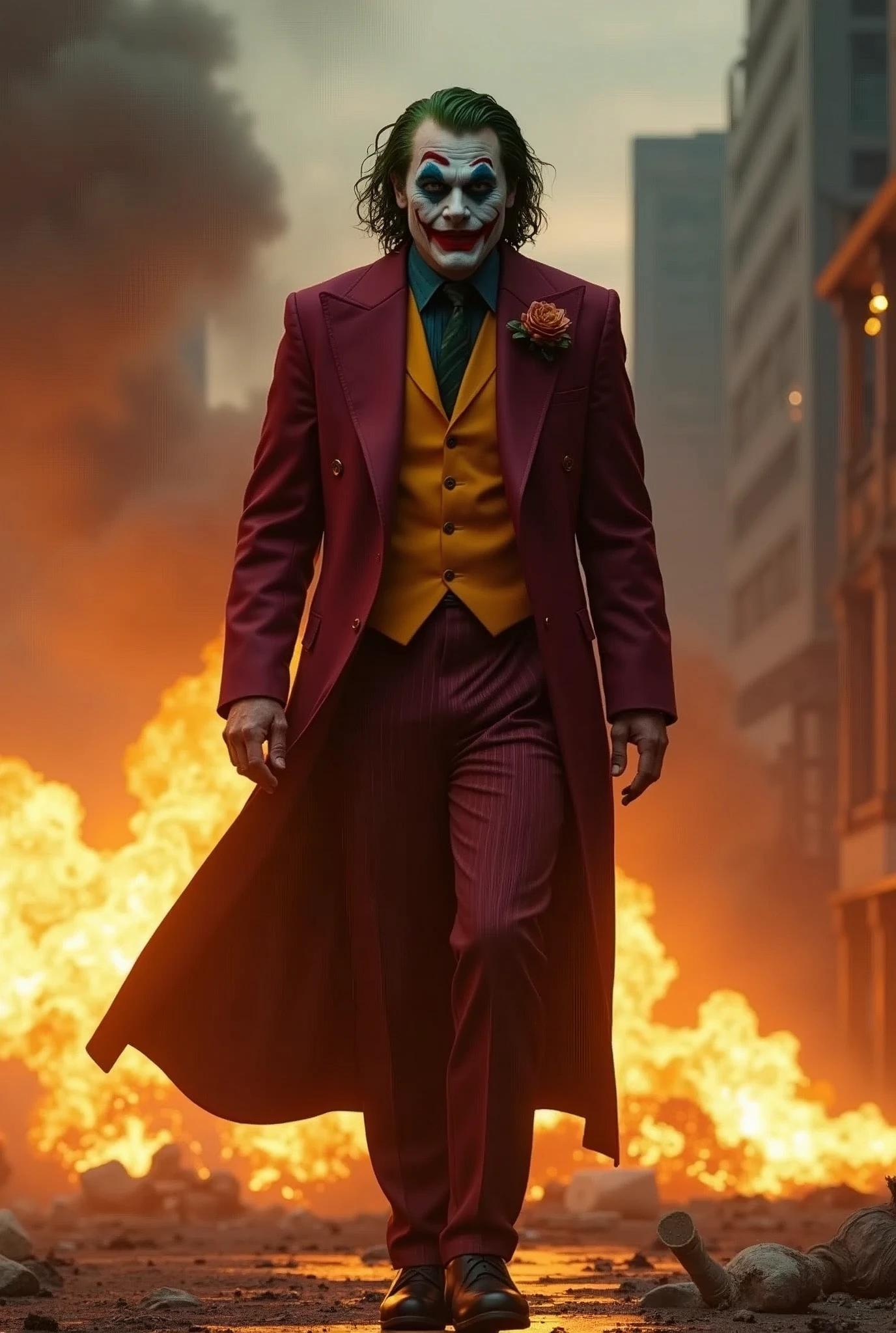 Joker form DC series, full body, action scenes, flame, explosion, smoke, destroy, formal suit, extremely-detailed CG unity 8K wallpaper, Villains, masterpiece, cinematic, film grain