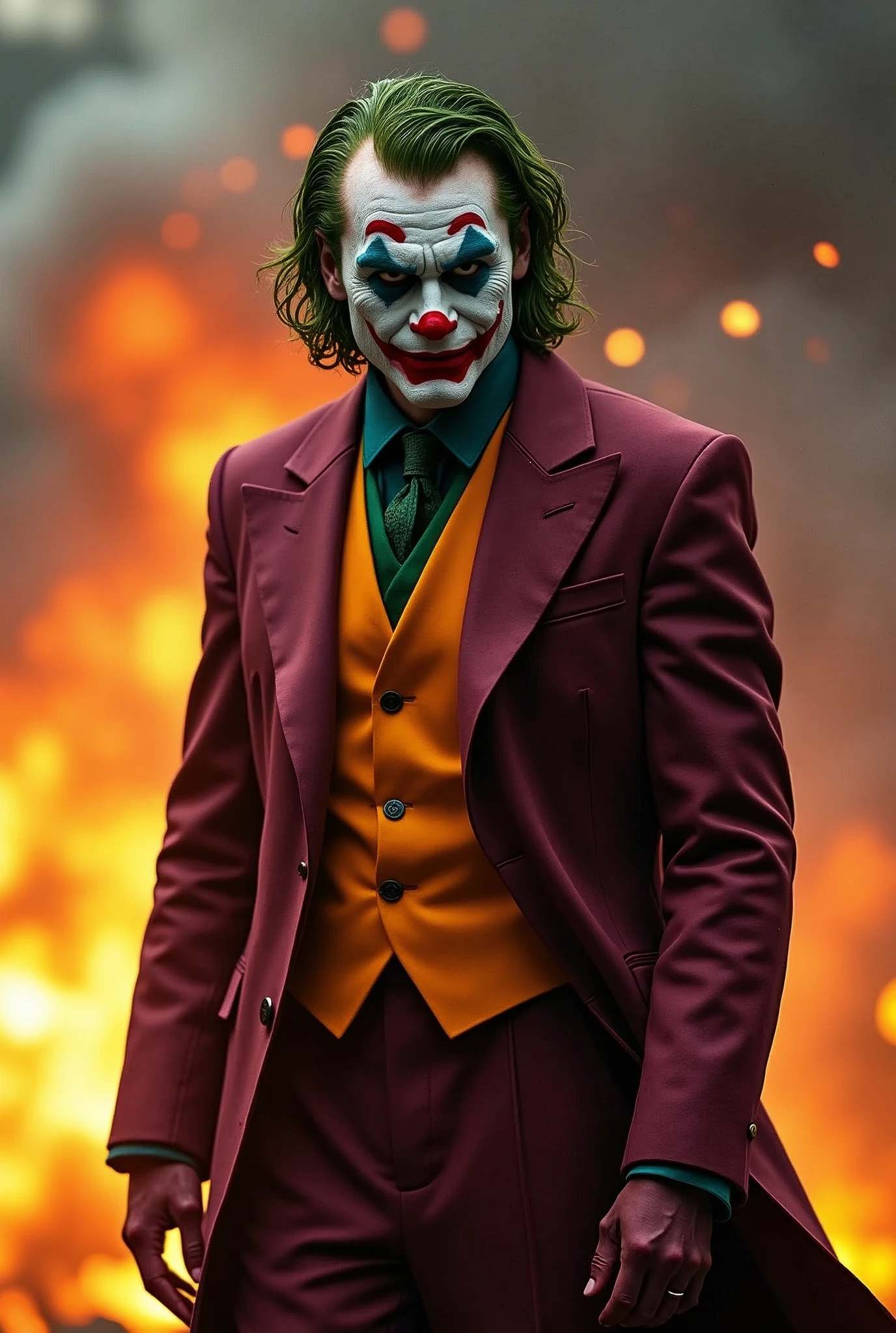 Joker form DC series, full body, action scenes, flame, explosion, smoke, destroy, formal suit, extremely-detailed CG unity 8K wallpaper, Villains, masterpiece, cinematic, film grain