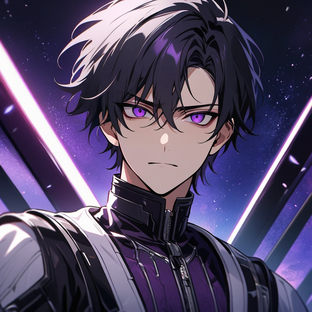 High quality, HD, 4k, no shadows, handsome male, handsome, 1male, 17 years old, teenager, jet black hair, short black hair, dark hair, black hair, jet black hair, sharp eyes, deep purple colored eyes, dark purple colored eyes, deep purple eyes, purple eyes, devil may cry, close up, calm expression, stoic expression, black leather clothes, white leather clothing, lean body, well trained body, upper body, looking at viewer, cowboy shot, white solar, space background