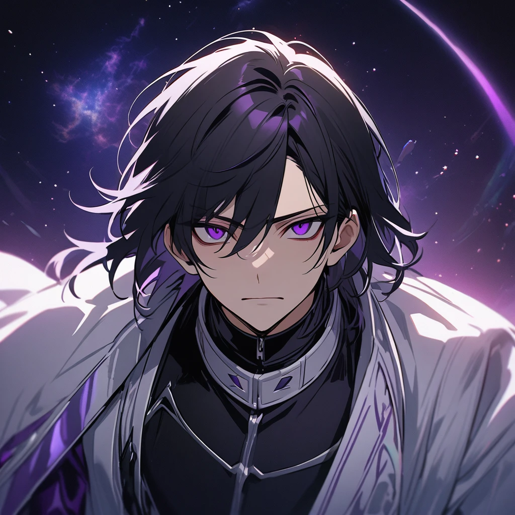 High quality, HD, 4k, no shadows, handsome male, handsome, 1male, 17 years old, teenager, jet black hair, short black hair, dark hair, black hair, jet black hair, sharp eyes, deep purple colored eyes, dark purple colored eyes, deep purple eyes, purple eyes, devil may cry, close up, calm expression, stoic expression, black leather clothes, white leather clothing, lean body, well trained body, upper body, looking at viewer, cowboy shot, white solar, space background