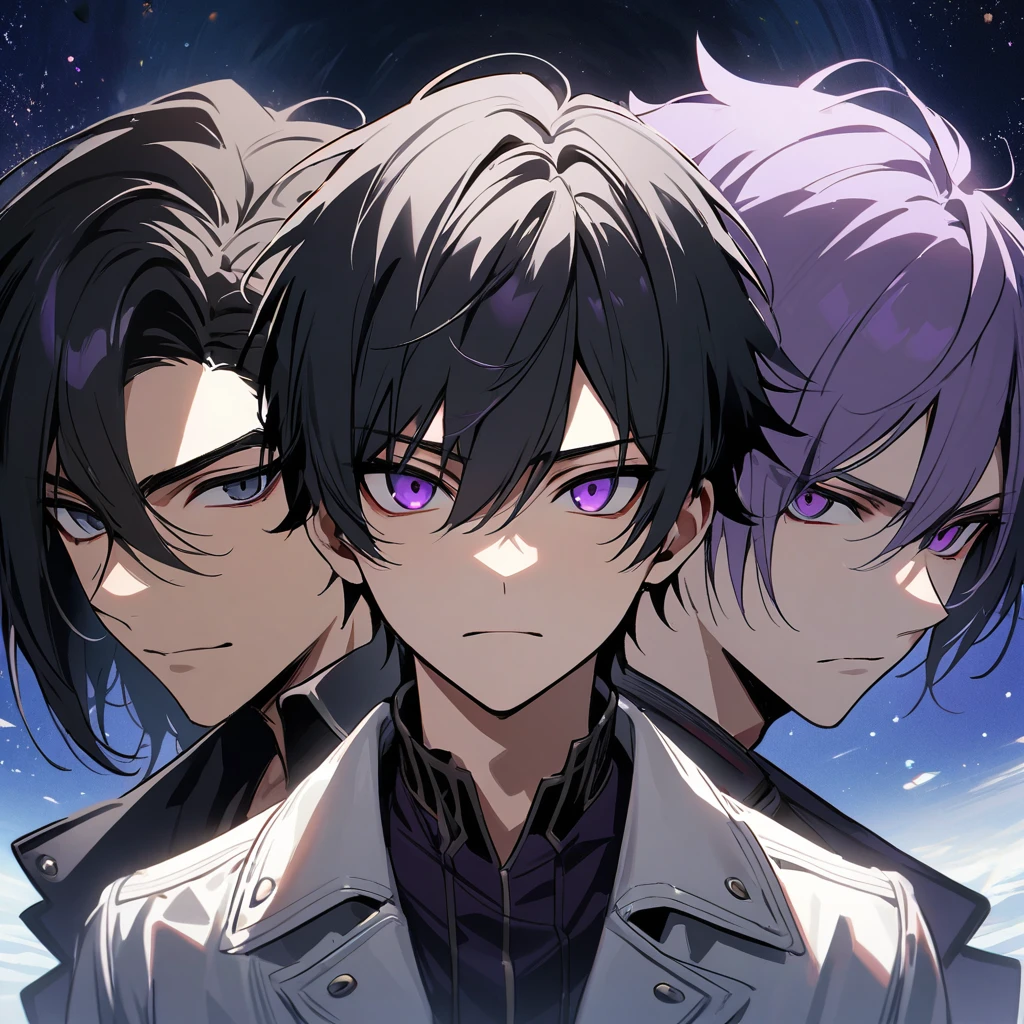 High quality, HD, 4k, no shadows, handsome male, handsome, 1male, 17 years old, teenager, jet black hair, short black hair, dark hair, black hair, jet black hair, sharp eyes, deep purple colored eyes, dark purple colored eyes, deep purple eyes, purple eyes, devil may cry, close up, calm expression, stoic expression, black leather clothes, white leather clothing, lean body, well trained body, upper body, looking at viewer, cowboy shot, white solar, space background