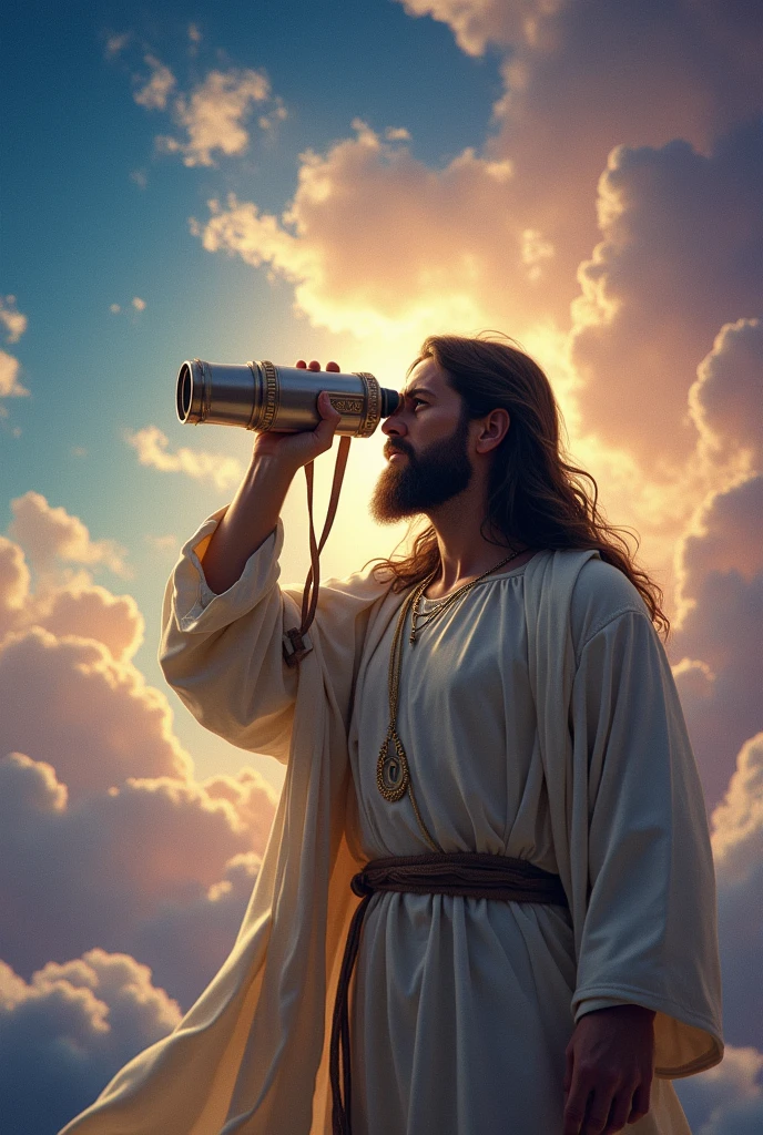 Jesus Christ with binoculars with a wonderful sky in the background