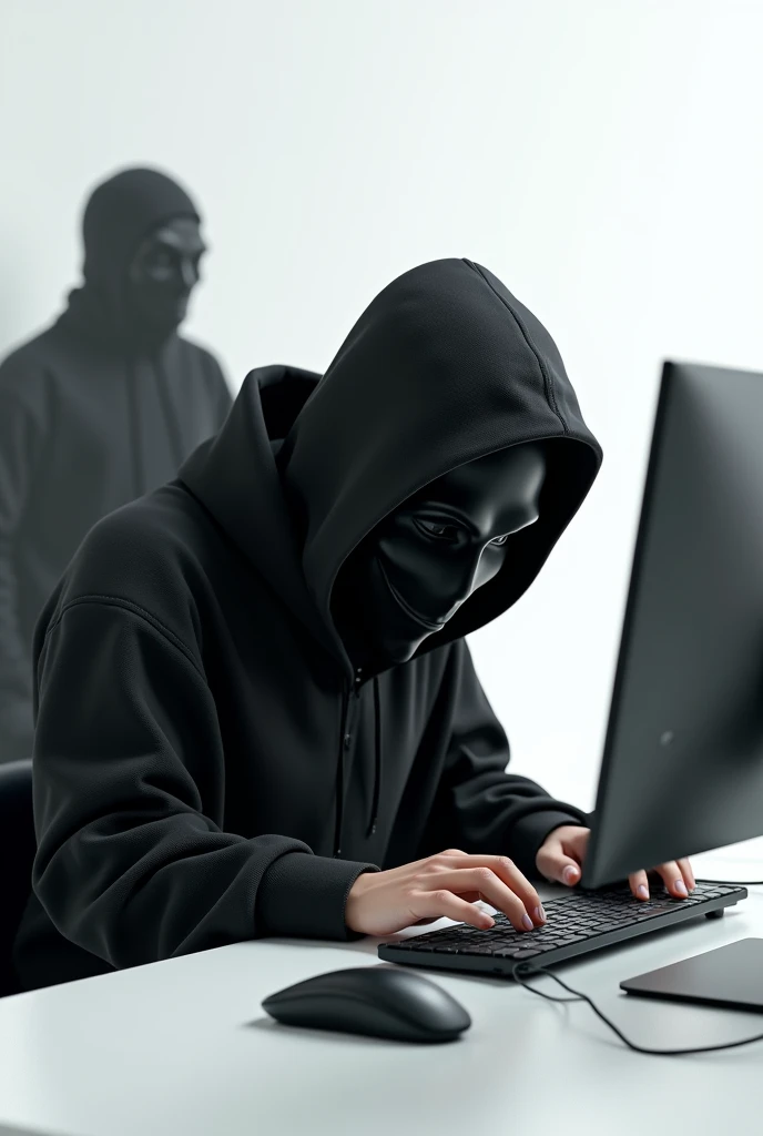 3d japanese Hacker Black mask Mouth and working on computer , 3d style, whte background, Black Huddle. 