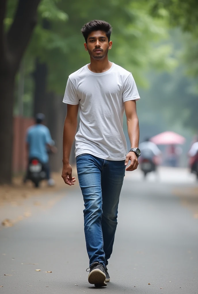 A boy age 27 from south india in andhrapradesh he looks very normal and he wears t-shirt and jeans and very active walking in mumbai roads. 