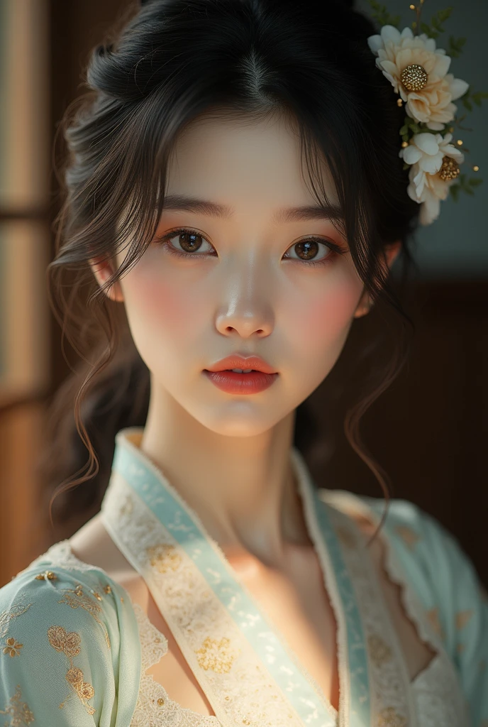 An elegantly dressed Japanese woman in natural light、A close-up of her chest and calm expression.、It shows her inner peace and outer charm.。