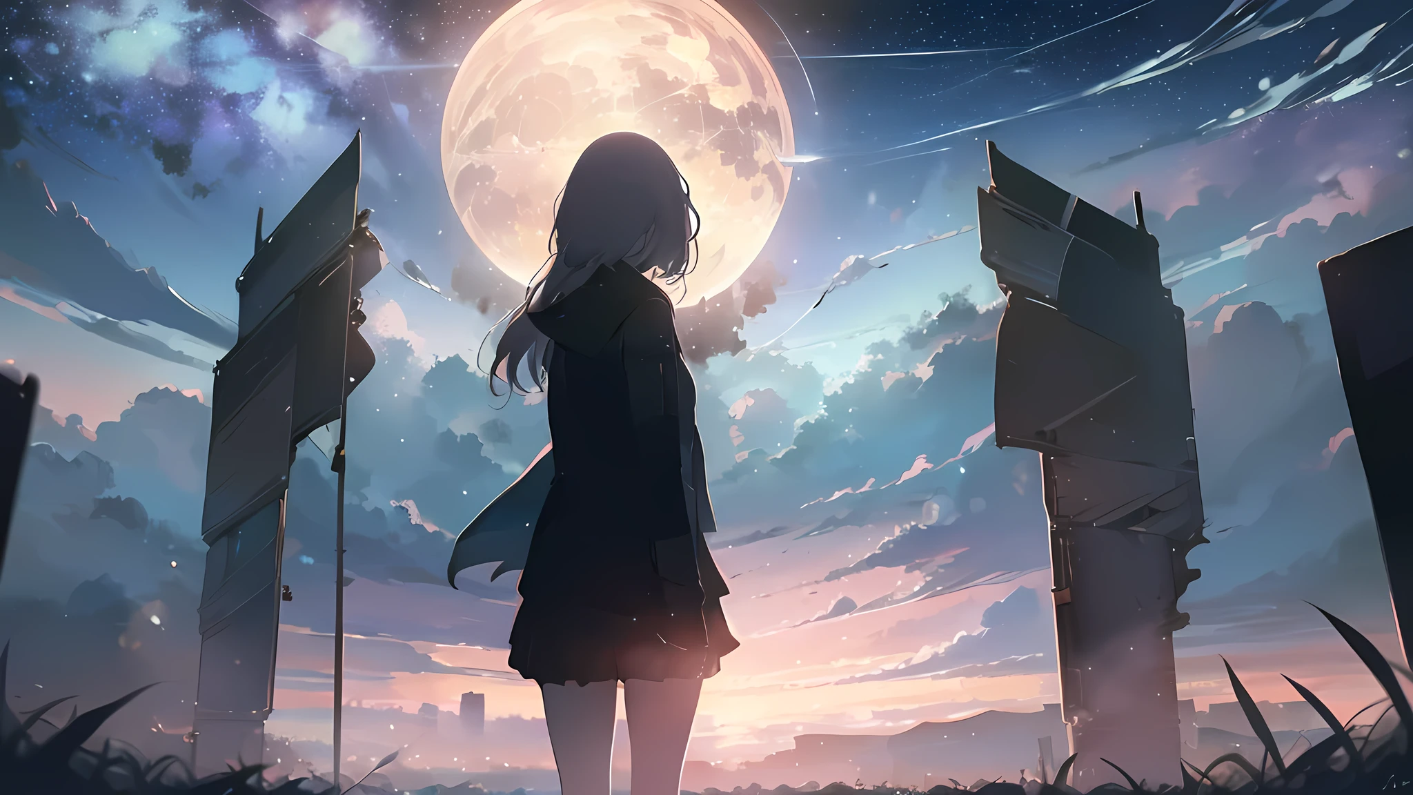 AN-94 (Girls' Frontline), ((1girl)), ((view from behind)), (masterpiece, high quality, enchanting illustration:1.3), (girl standing in a field beneath a big tree:1.2), (overlooking a starry sky with a visible huge planet descending:1.2), (capturing a moment of cosmic wonder and awe:1.2), (lush greenery and majestic tree framing the scene:1.1), (sparkling stars dotting the night sky:1.1), (giant planet on the horizon adding a sense of grandeur:1.2), (dreamlike atmosphere blending reality with fantasy:1.2), (mysterious and magical ambiance in the setting:1.2), (immersive composition drawing viewers into a celestial moment:1.2), (creating a blend of nature and the cosmos in a mesmerizing scene:1.3), (evoking a feeling of tranquility and curiosity under the vast starlit sky:1.2), (enchanting the audience with a breathtaking encounter under the cosmic).