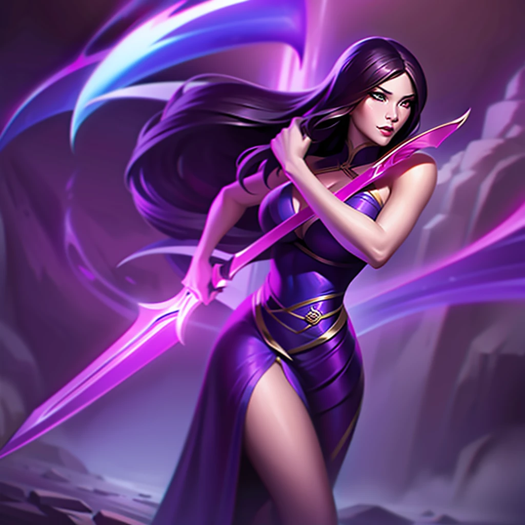 a close up of a woman in a purple dress and a sword, official splash art, irelia, splash art, ahri, league of legends splash art, league of legends character art, portrait of ahri, Samira do League of Legends, splash art de League of Legends, iconic character splash art, league of legends character, inspired by Ju Lian