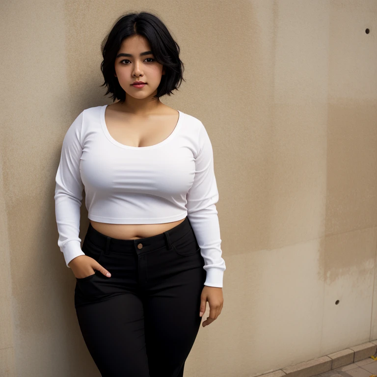 body photo, beautiful detailed, cute face, short, Guanajuato teen, short black hair, black hair over one eye, long sleeve plain T-shirt, long pants, pearshaped wide hips with thick thighs, solo, voluptuous round hips.