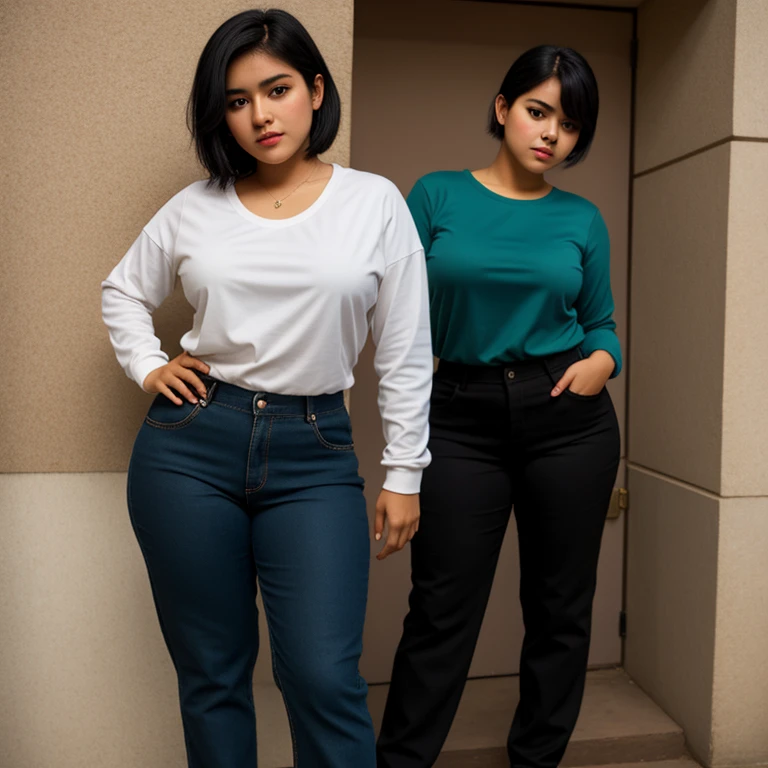 body photo, beautiful detailed, cute face, short, Guanajuato teen, short black hair, black hair over one eye, long sleeve plain T-shirt, long pants, pearshaped wide hips with thick thighs, solo, voluptuous round hips.