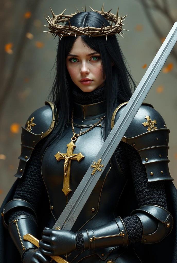 A woman in black knight's armor with a silver broadsword with religious designs, A gold crucifix hangs from his neck., His skin is clear, Her hair is medium and straight and her eyes are green and she wears a crown of thorns.