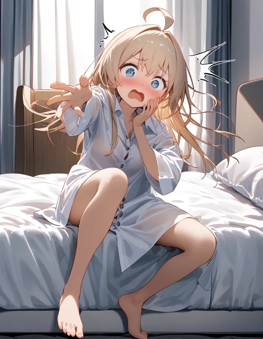 Surprised expression, Big Eyes, The open mouth does not block, Cover your mouth with your open hand, girl, Oversized dress shirt, White shirt, Buttons are pressed wrong, Cutting seat, On the bed, barefoot, Small breasts, You can see through the shirt, Bedhead, Ahoge, blush, Surprise Effect, 