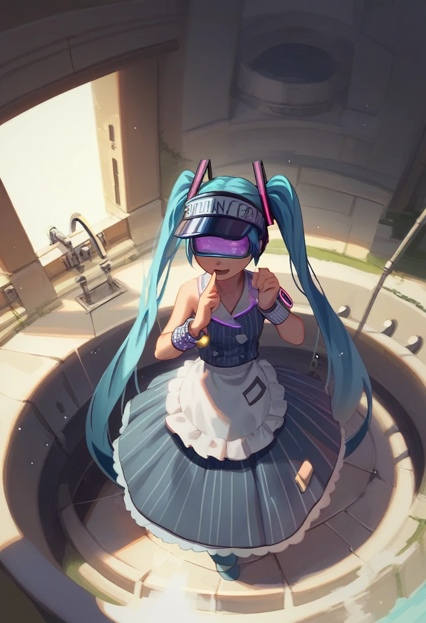 score_9, score_8_above, fountain_cheered up, Asanagi, por muk \(Mister\) BREAK, 1 girl,returned to normal, Hatsune Miku, vertical striped dress, waist apron, wristbands, visor cap, inside
