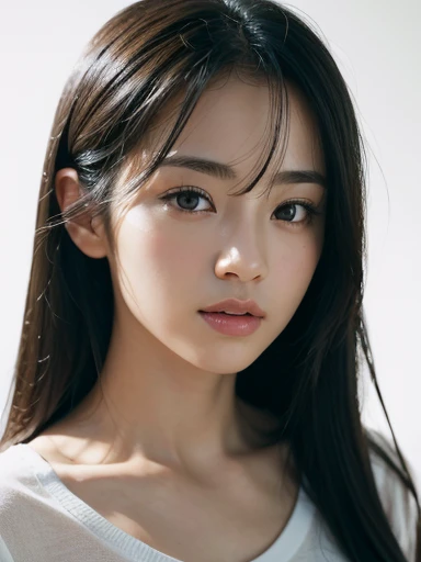 masterpiece、Highest quality、photorealistic、Ultra high definition、High resolution、16K wallpaper、Super detailed、Fine details、Cinema lighting、In a white room with a glass base、There is one woman, A small smile、Detailed eyes、Symmetrical black eyes、Inward layered medium hair、High quality white tight t-shirt、Gorgeous girl, Japanese Gravure Idol