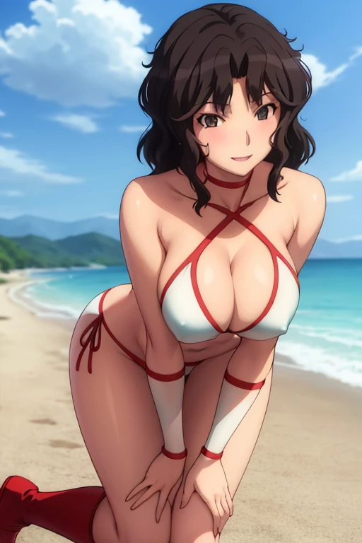 masterpiece, best quality, beautiful art, high resolution, well formed hands, body and fingers, 1 woman, solo, Kaoru Tanamachi, 31 years old, full body picture, grown up, adult, large and rounded breasted, cleavage, hair ornament, wearing a Tyris Flare outfit , white_bikini, full body, sexy and skimpy bikini, gorgeous hips, legs and thighs bouncing breasts, red boots, dancing seductively and erotically, twirling around, bikini thong, shaking her body alluringly, smiling joyfully, looking at the viewer, sweating , flirting, beach environment