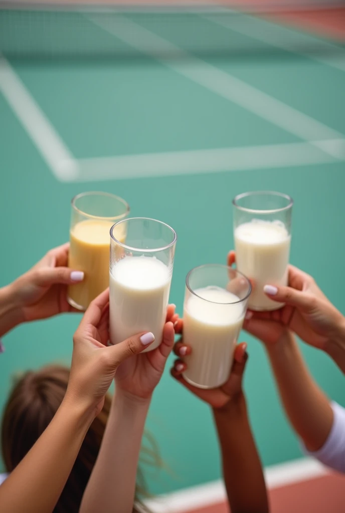 Tennis court background,Several people hold square boxes of milk and raise their glasses together,Photography