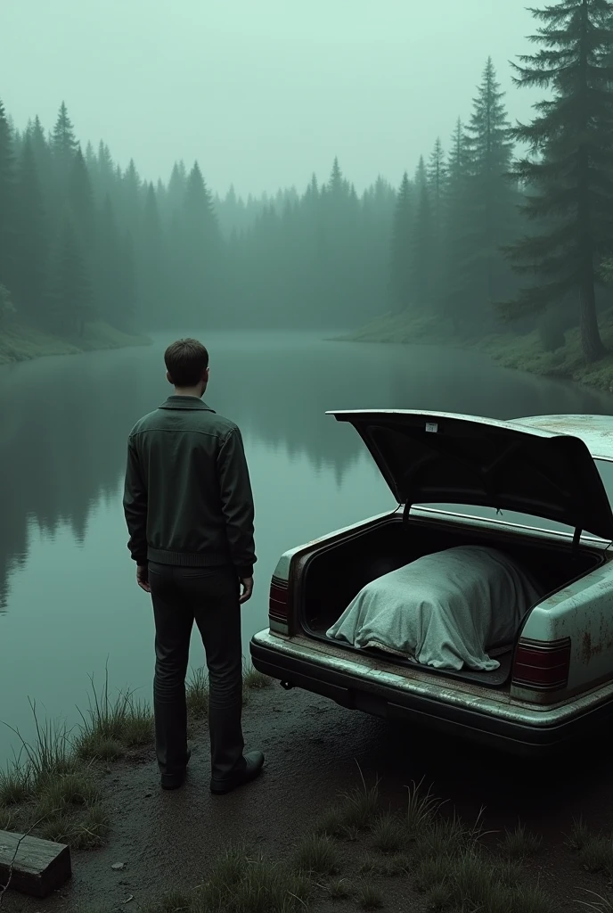 The image you describe is a scene from Silent Hill 2, where James Sunderland stands in a lake, with his car parked at the water&#39;s edge. In the trunk of the car, There is the corpse of his wife Mary, wrapped in a white sheet. James is standing next to the car, with an expression of sadness and despair on his face.

The lake is calm, with the water reflecting the grey and gloomy sky. There are trees and vegetation around the lake., which gives a gloomy and melancholic atmosphere to the scene.

James is dressed in his usual game attire, a white shirt and black pants, and has a lost look on the horizon. The car is an old sedan, with a worn and rusty appearance.

The atmosphere of the scene is gloomy and sad., with a sense of despair and resignation. The image conveys the feeling that James has reached the end of his road and has decided to join Mary in death..

To recreate this scene with artificial intelligence, could you provide the following details:

- Characters: James Sunderland and Mary&#39;s Corpse - Scenario: A calm lake with vegetation around - Vehicle: An old sedan with an open trunk - Atmosphere: Gloomy and sad, with a grey sky - Accessories: A white sheet wrapped around Mary&#39;s corpse